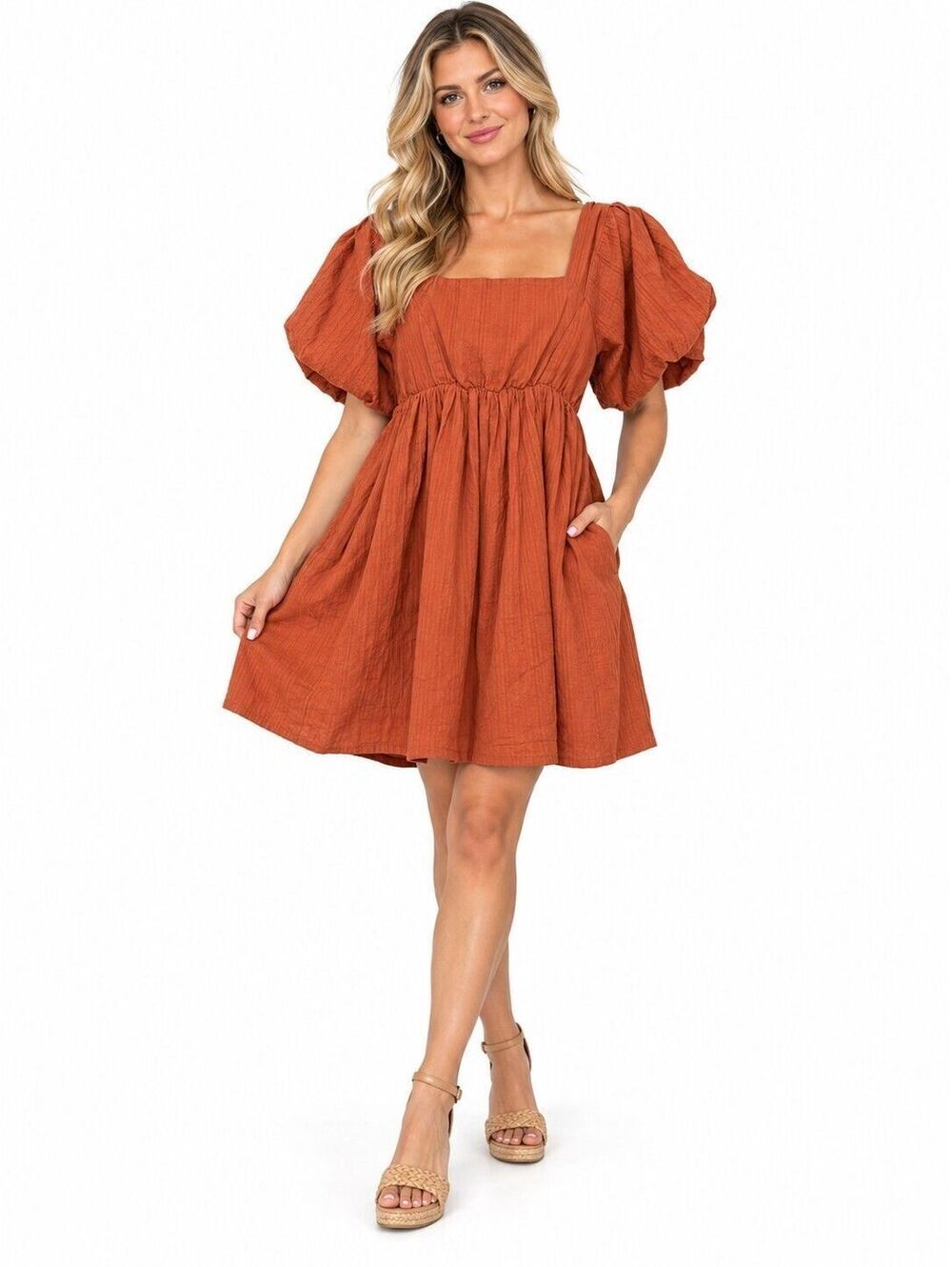 MABLE Womens orange rust mini babydoll dress Size Medium puff sleeves flare rust